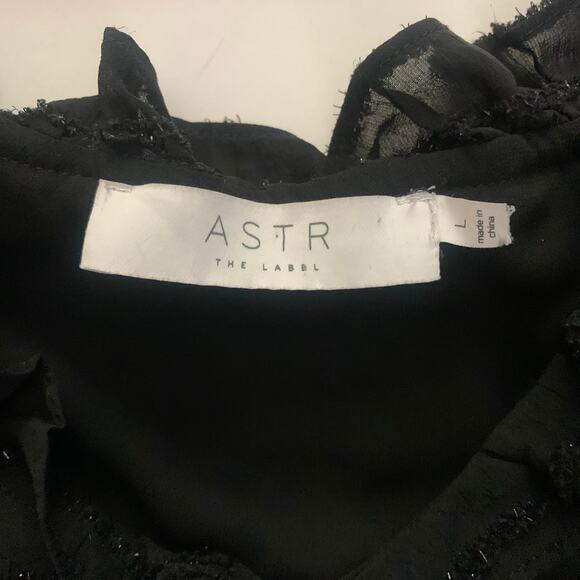 ASTR The Label Blouse L Peasant Style Elastic Waist Peplum Black Shimmer Thread - Picture 10 of 13